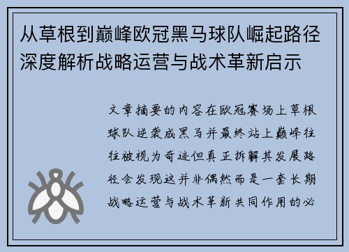 从草根到巅峰欧冠黑马球队崛起路径深度解析战略运营与战术革新启示 从草根到巅峰欧冠黑马球队崛起路径深度解析战略运营与战术革新启示